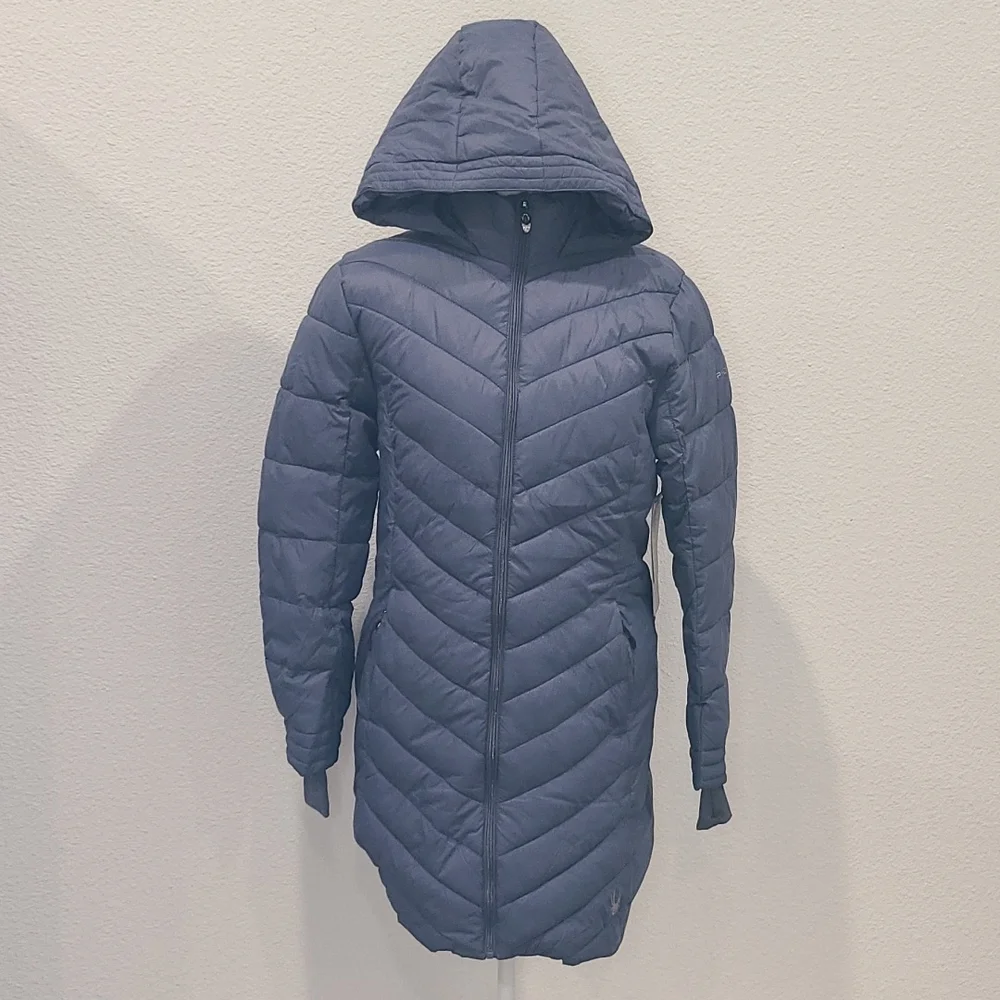 NWT Spyder blue puffer long coat, medium - Picture 2 of 12